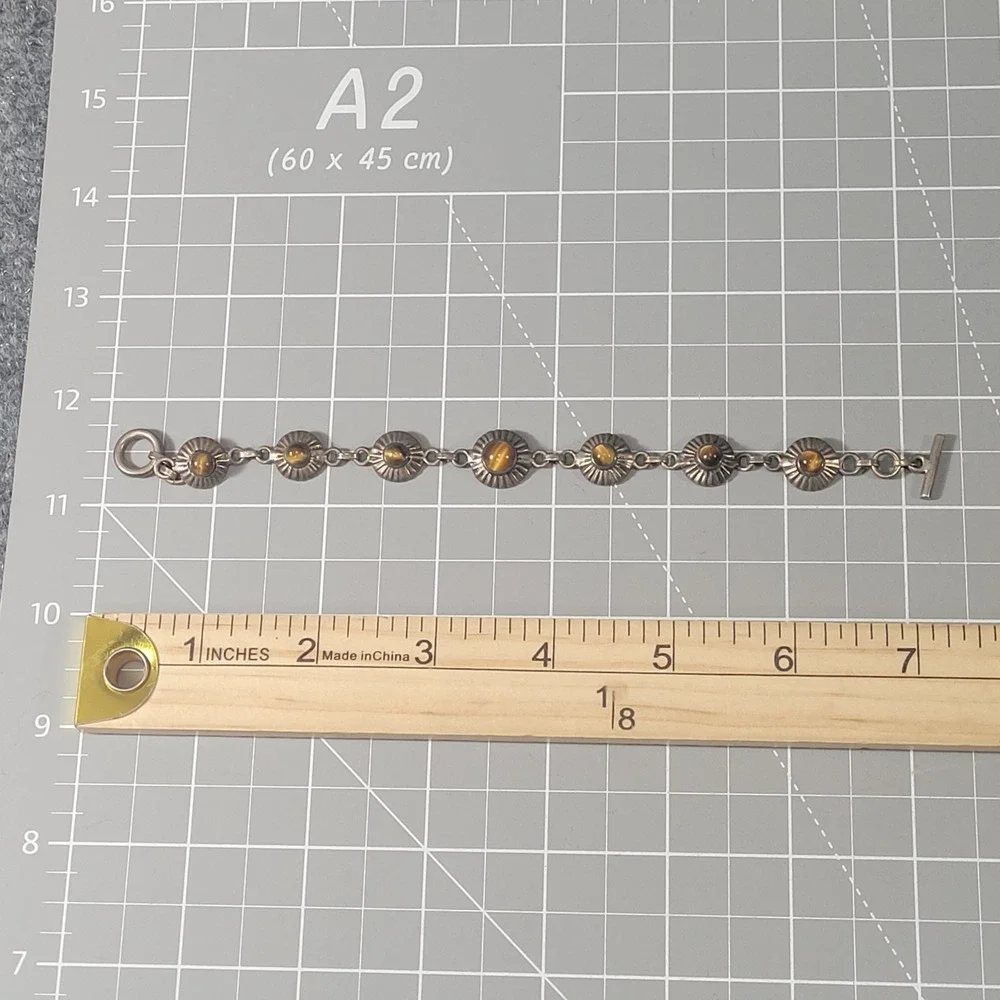 Vintage Silver Tiger's Eye Link Bracelet Toggle Clasp 925 TESTED - Picture 6 of 6